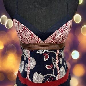 3x25* BCBG MAXAZRIA Crop Empire Waist Blur Red White Vneck Sleeveless Cami Top